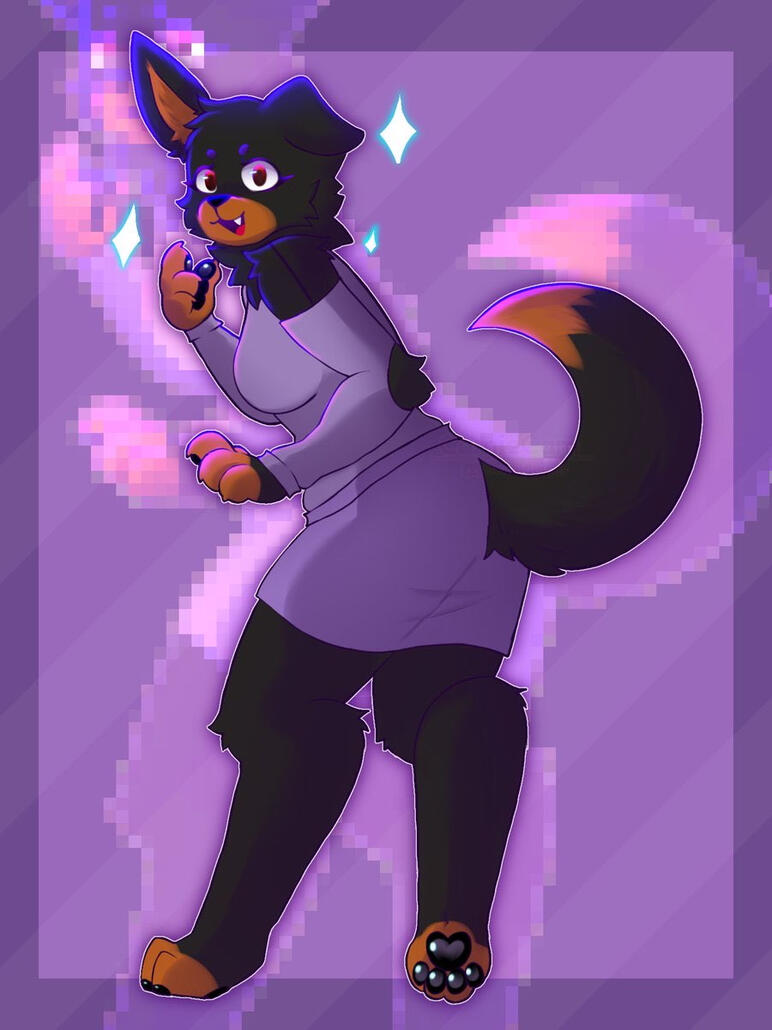 My 'fursona' My 'fursona', an anthropomorphic German Shepherd with purple clothing looking at the camera, smiling.